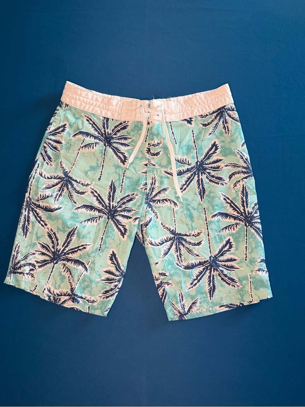 Old Navy Mint Green Palm Print Swim Shorts with White Waistband